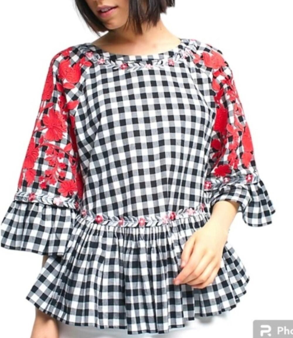 Anthropologie Pankaj & Nidhi Women's Floral Gingham Embroidered Tunic sz Small